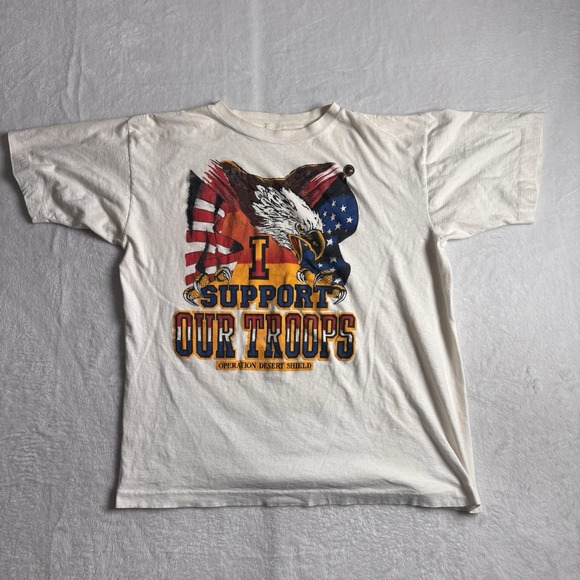 VTG 80's I Support Our Troops Desert Storm Short Sleeve Shirt Bald Eagle Medium* - Picture 1 of 7
